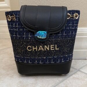 CHANEL Navy Tweed & Black Leather Bucket Backpack GWP COSMETIC
